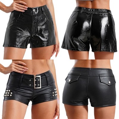  DE Damen Sexy PU Leder Hotpants Low-Rise Shorts Glänzende Tanzshorts Karneval