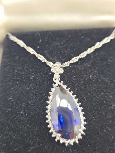 10KT White Gold Genuine Teardrop Sapphire & Diamond Halo Drop Pendant Necklace - Picture 9 of 21