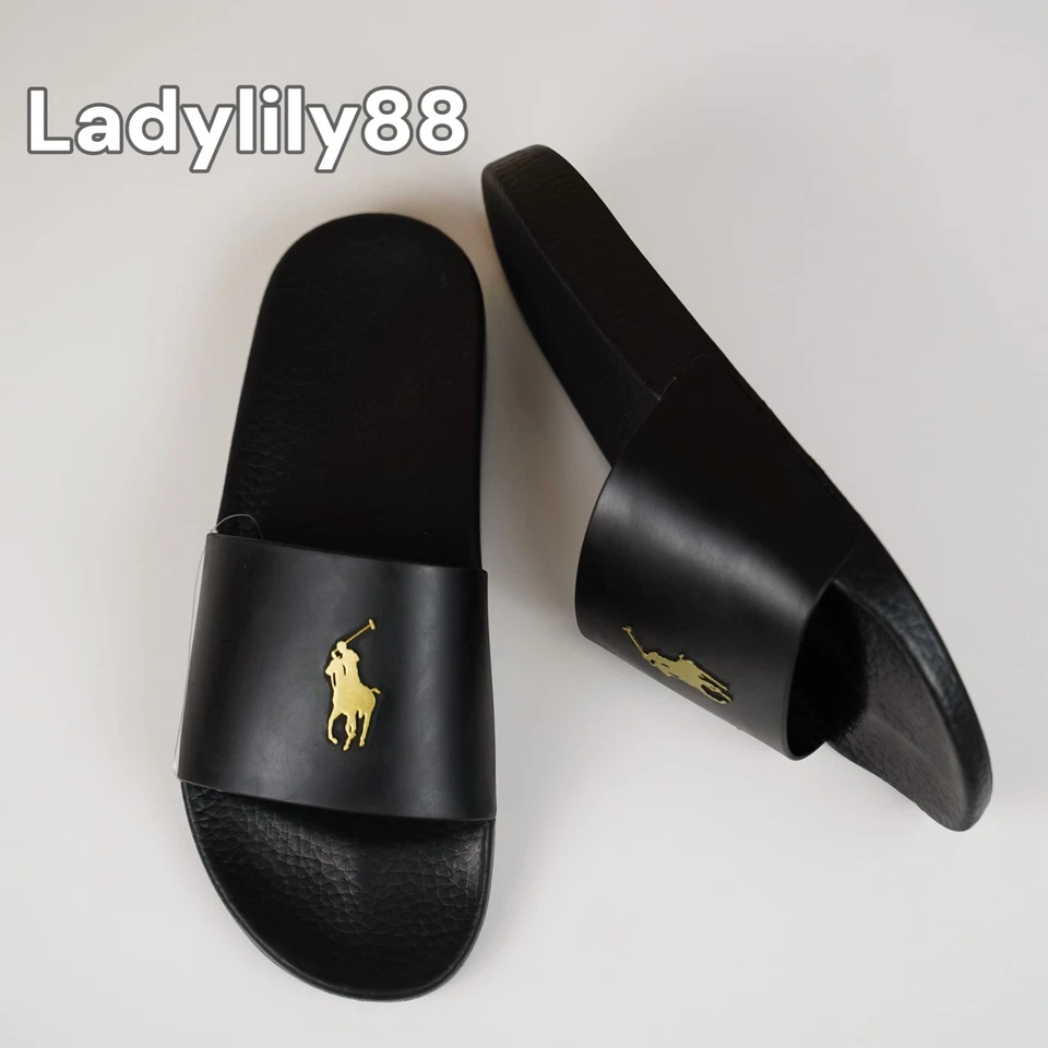 NUEVO CON ETIQUETAS Polo Ralph Lauren Sandalia Deslizable Para Hombre Firma Dorado Poni Negro Foto 2 de 4