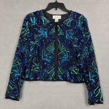 Vtg Laurence Kazar Sequin Beaded Silk Evening Jacket Black Blue Green XL lined