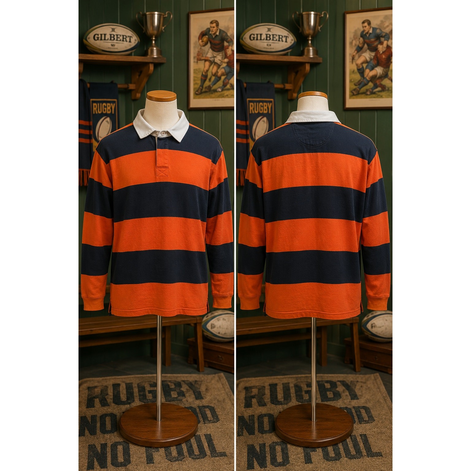 Vintage Arrow USA 1851 Rugby Shirt Orange Navy Stripe Long Sleeve Medium