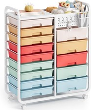 SYKIARIOL 14-Drawer Craft Organiser Trolley with Pegboard, Basket & Hooks, Multi