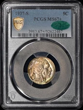 1937-S Buffalo Nickel 5c PCGS MS67+ CAC - Great Color!