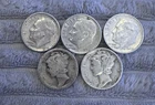 Roosevelt/Mercury Dimes Lot of 5 Various Years and Mints 90% Silver