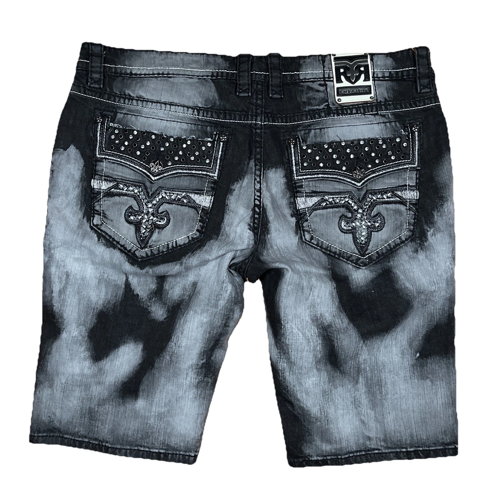 Rock Revival Jean Shorts 46” Black Rand Acid Wash Distressed Denim Y2K Grunge