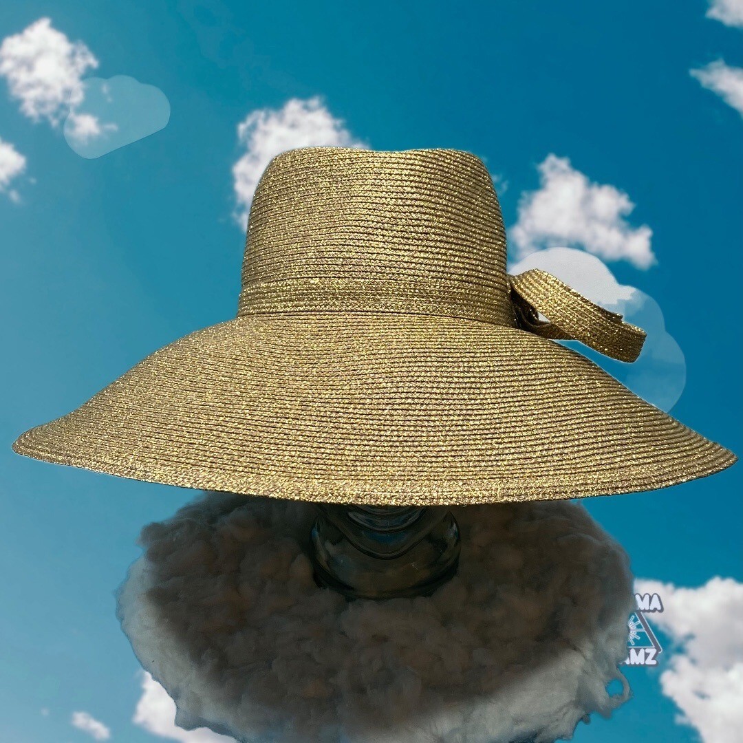 Elegant Gold Shimmer Wide Brim Hat with Sculpted Bow – Fine Millinery by August Elegant Gold Shimmer Wide Brim Hat with Sculpted Bow – Fine  main image 3