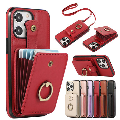 For iPhone 16 Pro Max 15 Plus 14 13 12 11 XR XS Ring Wallet Leather Phone Case
