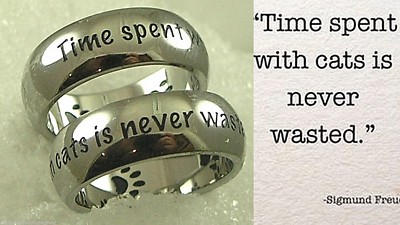 Cat Paw Print Ring ''Time Spent with Cats'' FREUD Quote Stainless Steel