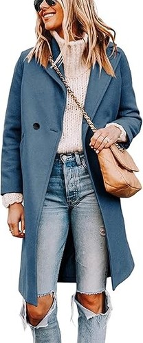 Women's Blue Notch Lapel Double Breasted Wool Blend Mid Long Pea Trench Coat S - Picture 2 of 6