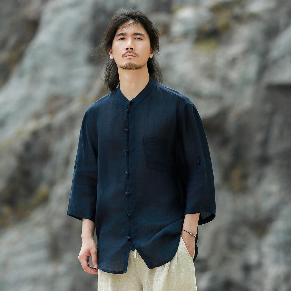 100% Ramie Shirt Mens Summer Chinese 3/4 Sleeve Loose Button