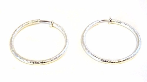 CLIP-ON EARRINGS RHODIUM SILVER HYPO-ALLERGENIC 2 INCH HOOP FROST TEXTURED ROUND - Picture 2 of 2