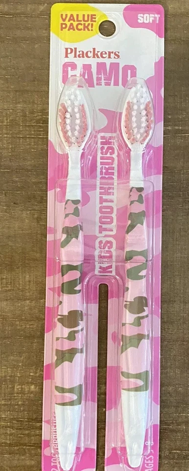 Plackers Camouflage 2-Pack Soft Toothbrushes For Kids Value Pack (PINK CAMO) — 第 3/4 张图片