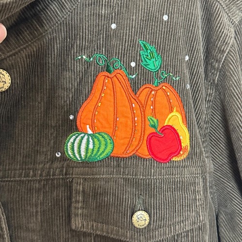Quacker Factory Corduroy Trucker Jacket Size L Brown Fall Leaves Thanksgiving - Picture 6 of 9