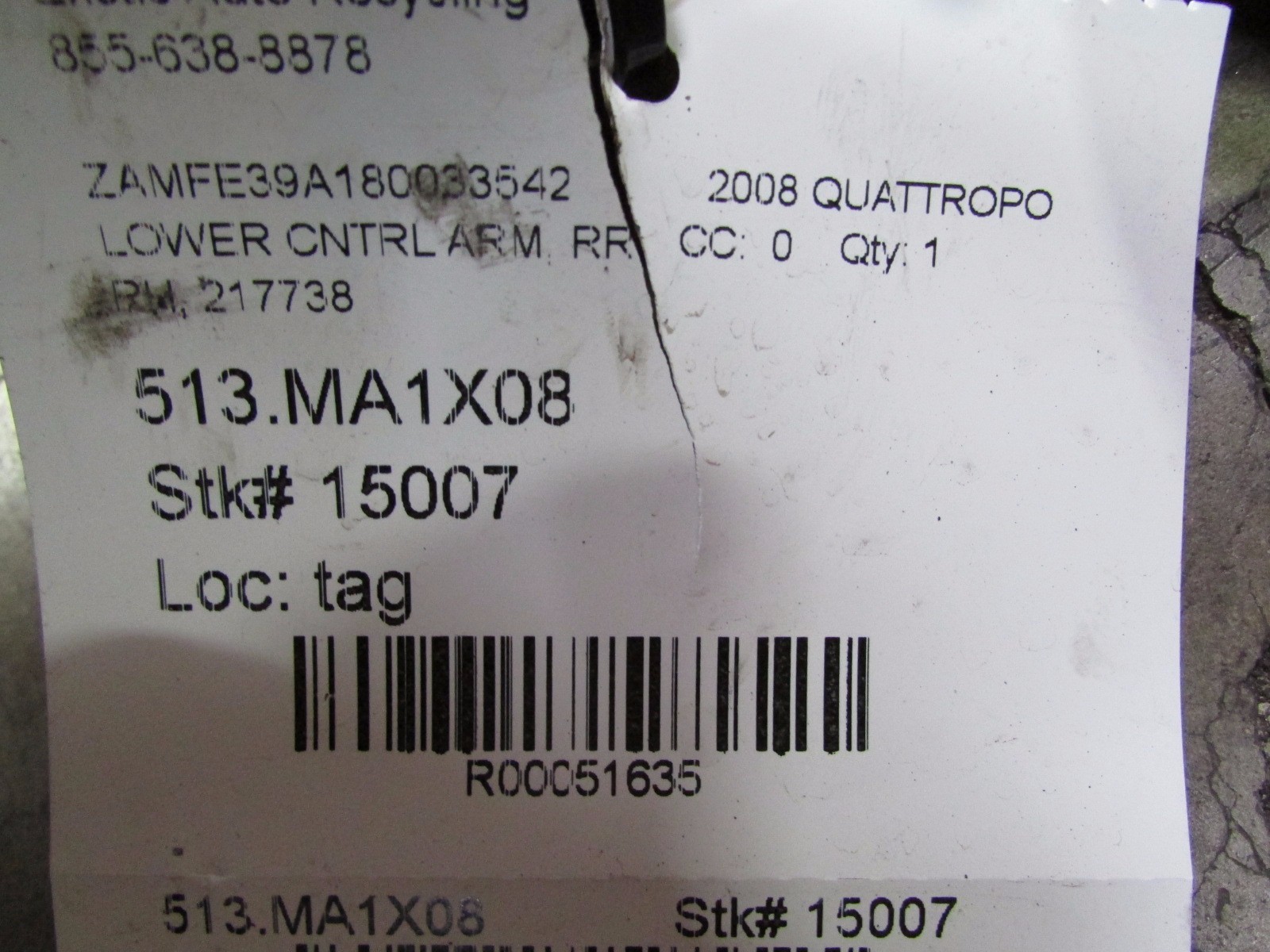 Maserati Quattroporte, RH, Right, Rear Lower Control Arm, Used, P/N 217738