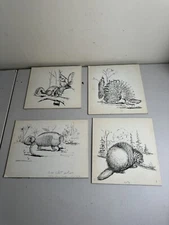 4Vintage Original Wildlife Animals Pencil Drawing Etching  ART Signed John McCoy