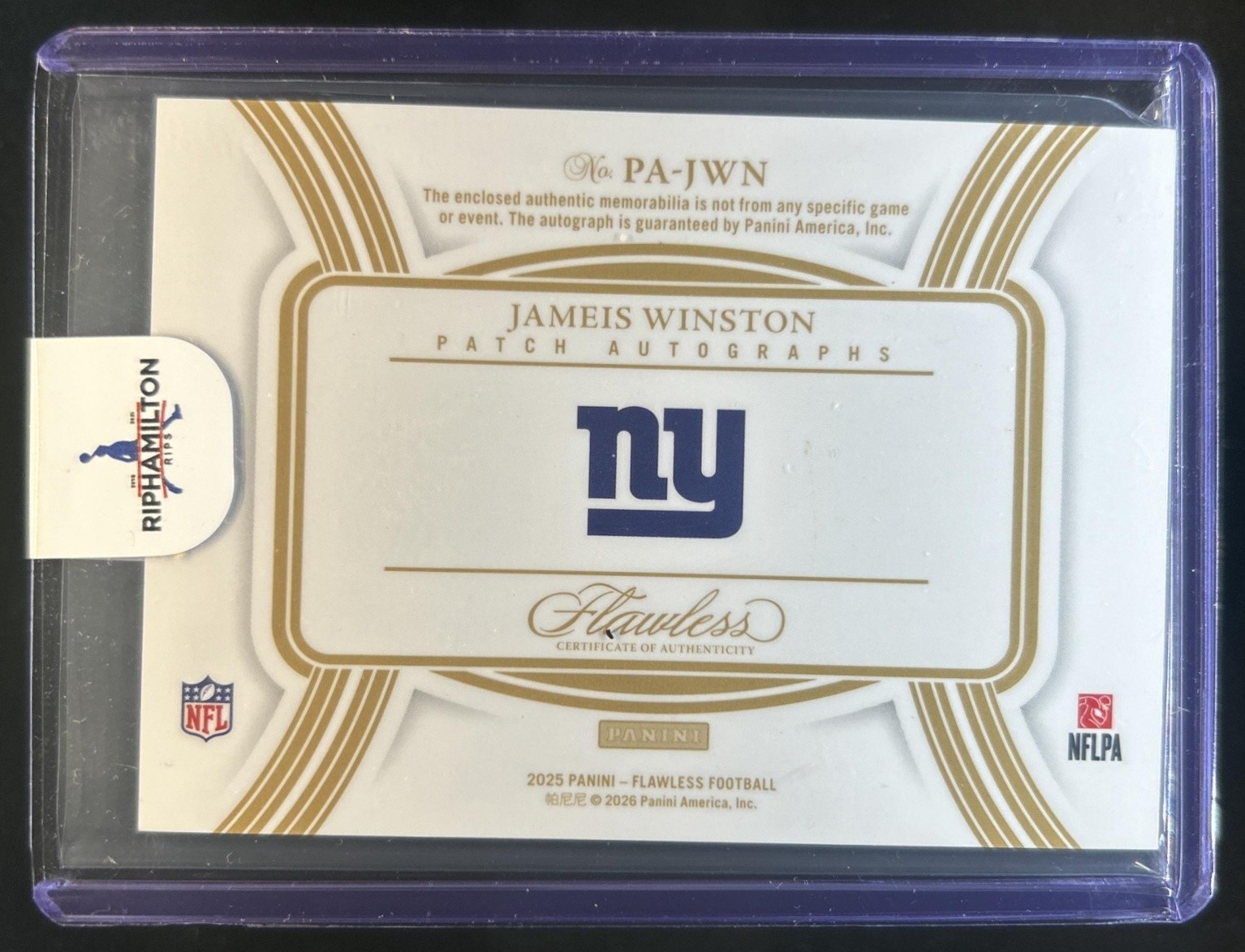 2025 Panini Flawless Jameis Winston Patch Auto Autograph #/25 Giants view 2