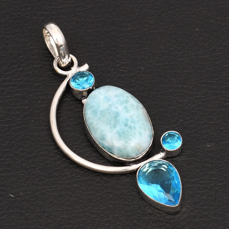Larimar Blue Topaz Gemstone Ethnic Handmade Pendant Jewelry Gift 2.56" AP-37802