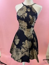 Xscape Women's Navy Blue Floral Lace Halter Formal Dress Size 2