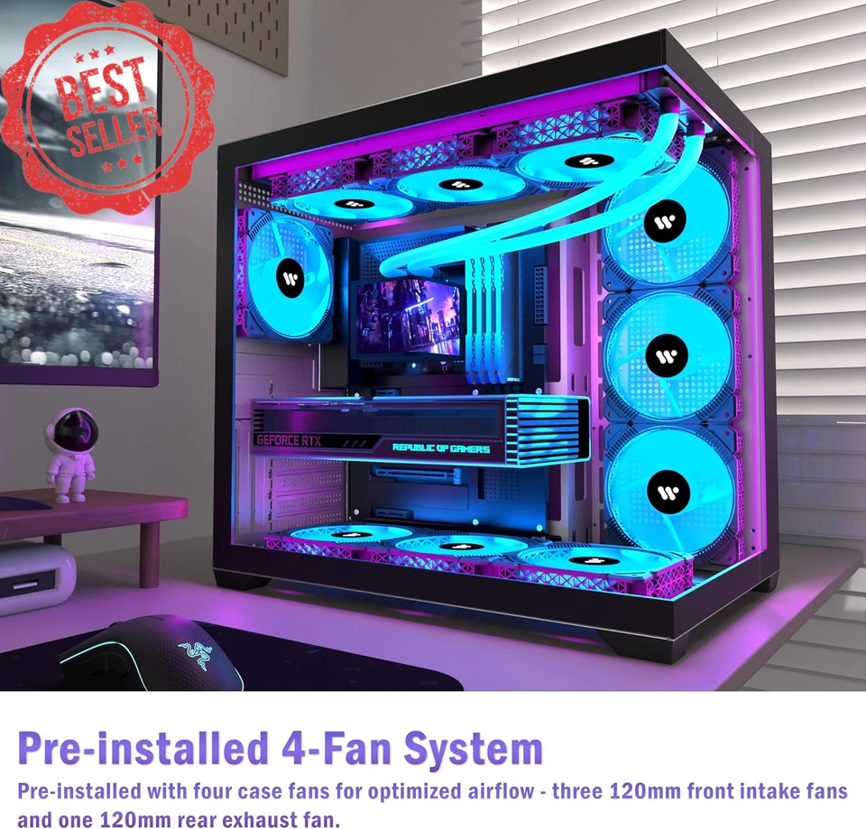 ATX Mid Tower Gaming PC Case Black w/ 9 ARGB Fans Glass Panel Type-C 360mm Cool - Image 2 of 4