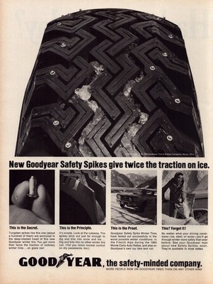 1965 GoodYear Tires Print Ad New Safety Spikes Traction On Ice