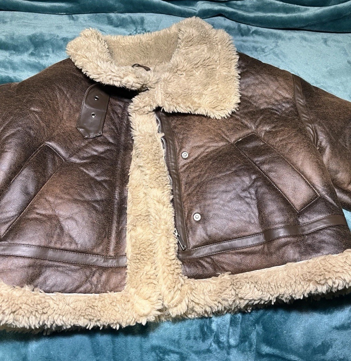 Petite Faux Leather Shearling Aviator Jacket with Teddy Trim for Women