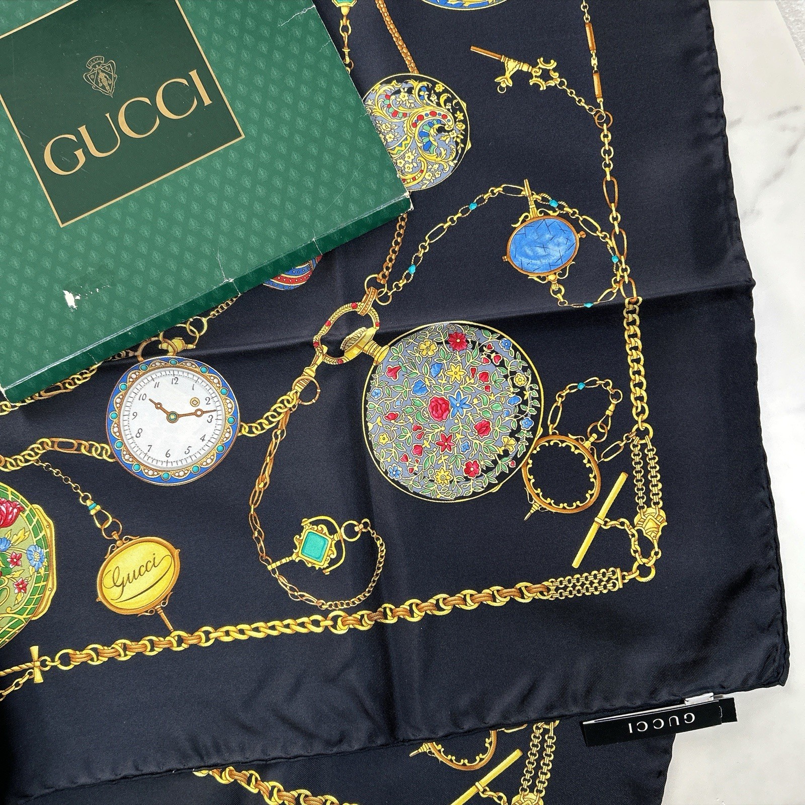 Vintage GUCCI Black Multicolor Pocket Watch Print Silk Scarf 34