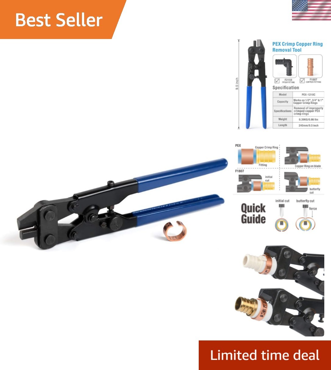 PEX Crimp Ring Removal Tool PEX-1210C for 1 2  3 4  1 Inch Copper Rings