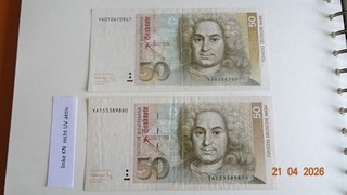 2 x 50 DM Geldschein vom 1. August 1991 Ersatznote YA D einmal nicht UV aktiv