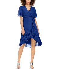 Calvin Klein Womens Chiffon High-Low Dress, Blue, 4