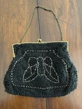 Vintage Black Beaded Evening Bag Purse Metal Frame 5"x6 1/2"
