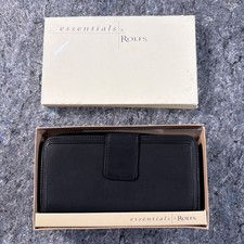Vintage Rolfs Essentials Womens Black Genuine Leather Zip Clutch Wallet Organize