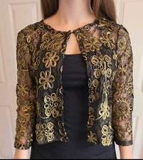 Nina Leonard Medium Black Gold Soutache Lace Open Front Crop Shrug Jacket...