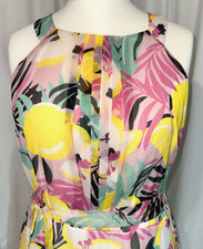 ROMAN Size 16 Hi Low Hem Ruffle Midi Party Dress Pink Tropical Chiffon VGC Clean