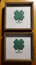 Set of 2 LUCKY St. Patrick's Day Tabletop Signs Seasonal Decor Shamrocks 7"