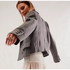 Free  People Tailored Heritage Blazer in Grey Combo Cropped Crop Size Large