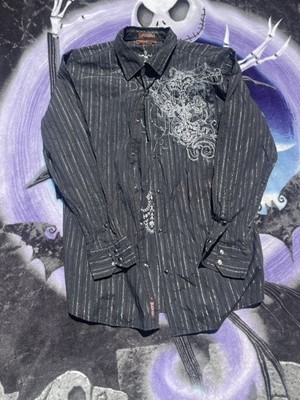 Danesi Men's XL Black Silver Striped Embroidered Button-Up Shirt Long Sleeve