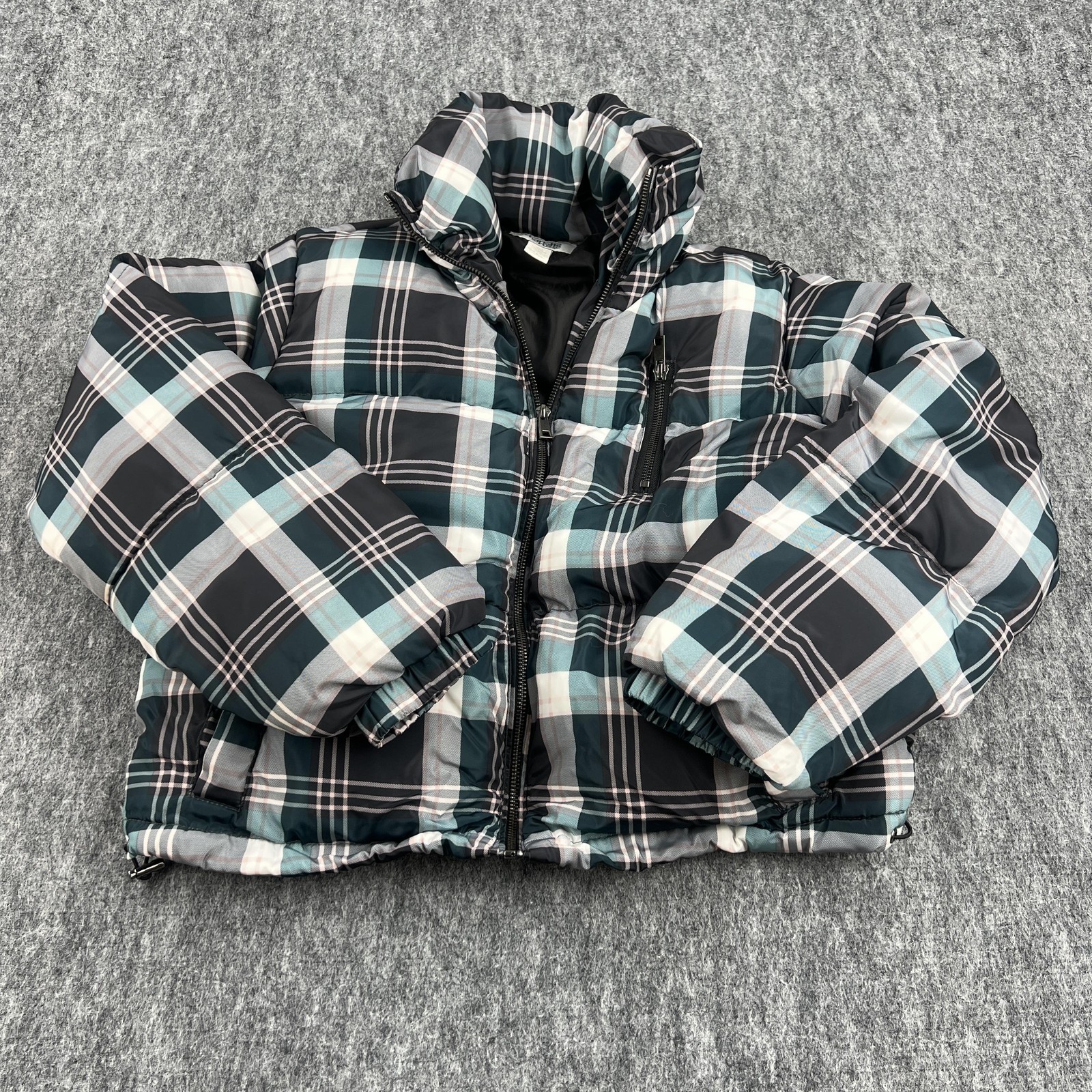 Charlotte Russe Puffer Jacket Womens Small Green Plaid Cropped Zip Polyester