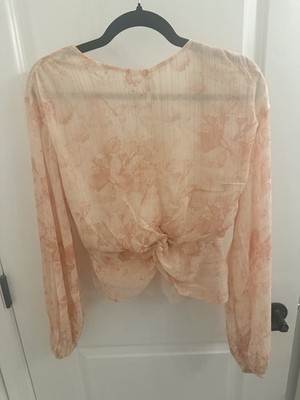Express Pink Floral Twist Front Blouse Long Sleeve Sheer Shimmer Top Women XS