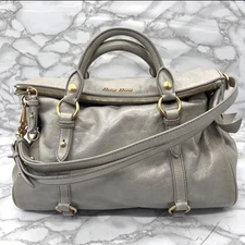 Miu Miu VITELLO LUX 2way Hand Bag Shoulder Bag Side Ribbon Dark Gray Beige Used