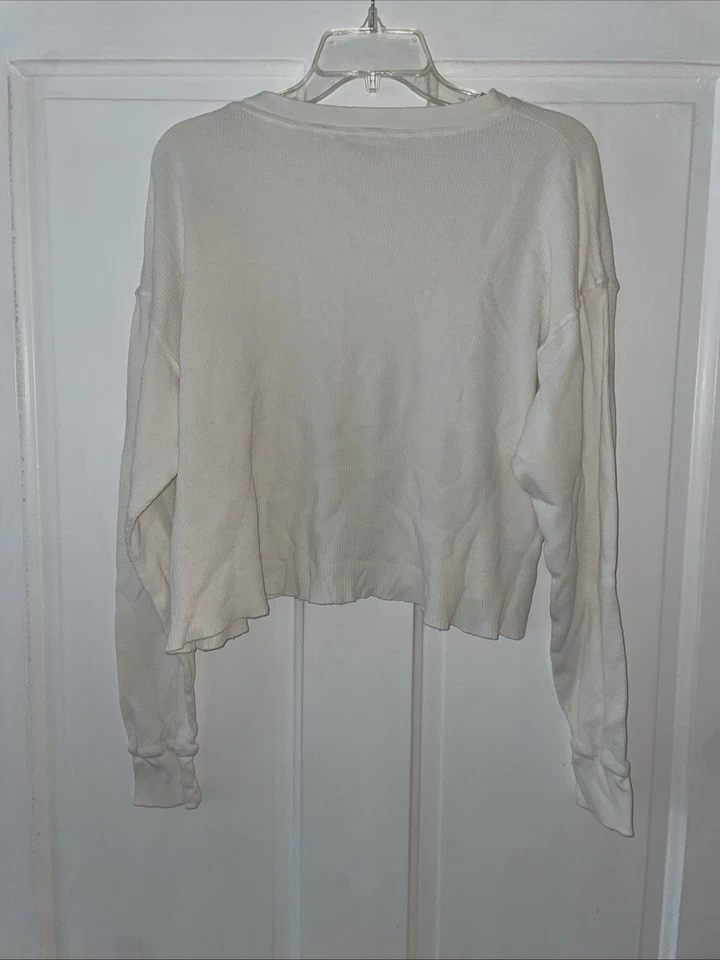 J. Galt Oversized Cropped Waffle Knit Thermal Long Sleeve Top White Cream OS - Image 4 of 4