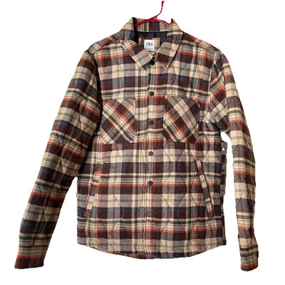 New Zara $89 Padded Quilted Brown Plaid Overshirt Men's Large Zara