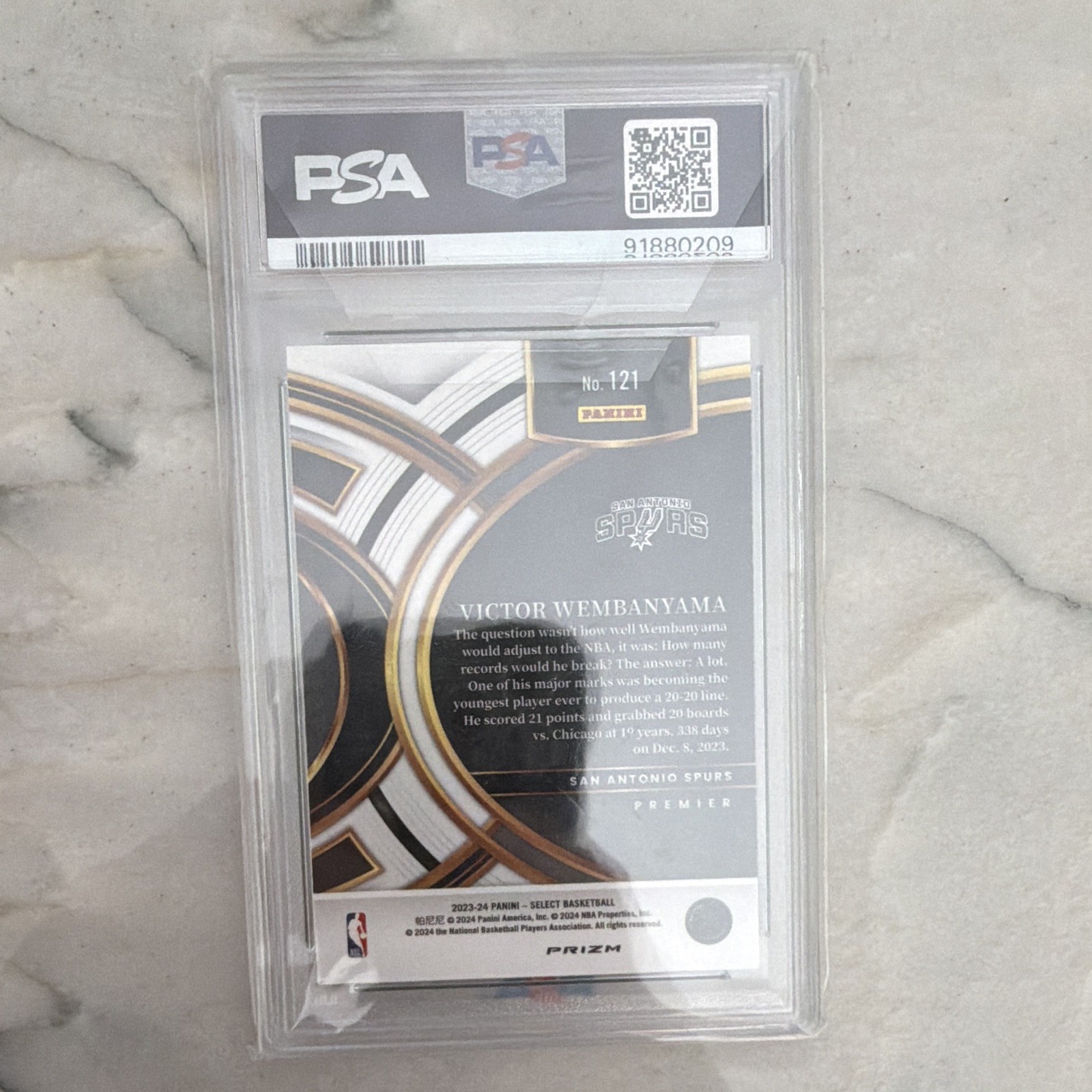 2023-24 Panini Select Premier Level Victor Wembanyama #121 Silver Prizm RC PSA 9 view 2