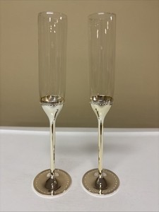 2 Vera Wang Wedgwood Champagne Toasting Flutes Wedding Silver READ