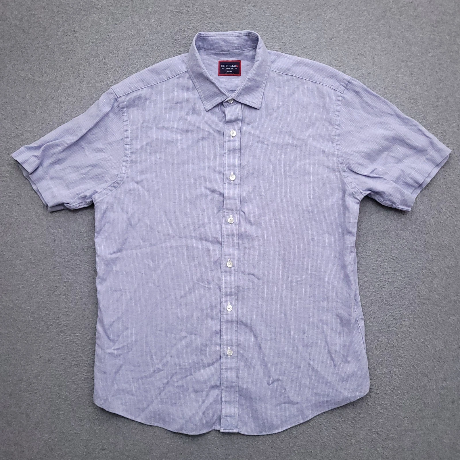 UNTUCKit Linen Shirt Mens Medium Wrinkle Free Blue Stripe Short Sleeve Button Up
