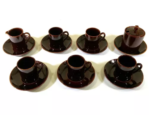 Vintage Brown Stoneware Cups Saucers Jug Pot Tea Coffee Set 14pc Unmarked O442
