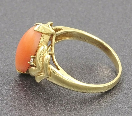 Vintage Unique Darling 14ct Yellow Gold Genuine RED CORAL & Diamond Ladies Ring - 第 6/8 張圖片