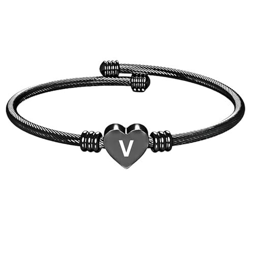Stainless Steel Heart Word-V Bracelet Engraved Charm Bracelet for Women Black
