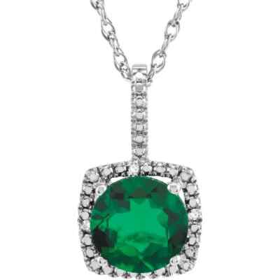 Sterlingsilber 7 mm Lab-gezüchteter grüner Smaragd & natürlicher Diamant 18'' Halskette