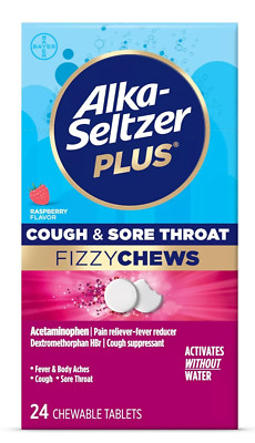 Alka Seltzer Plus Cough and Sore Throat 24 Raspberry Fizzy Chews   Exp 4/26   MF