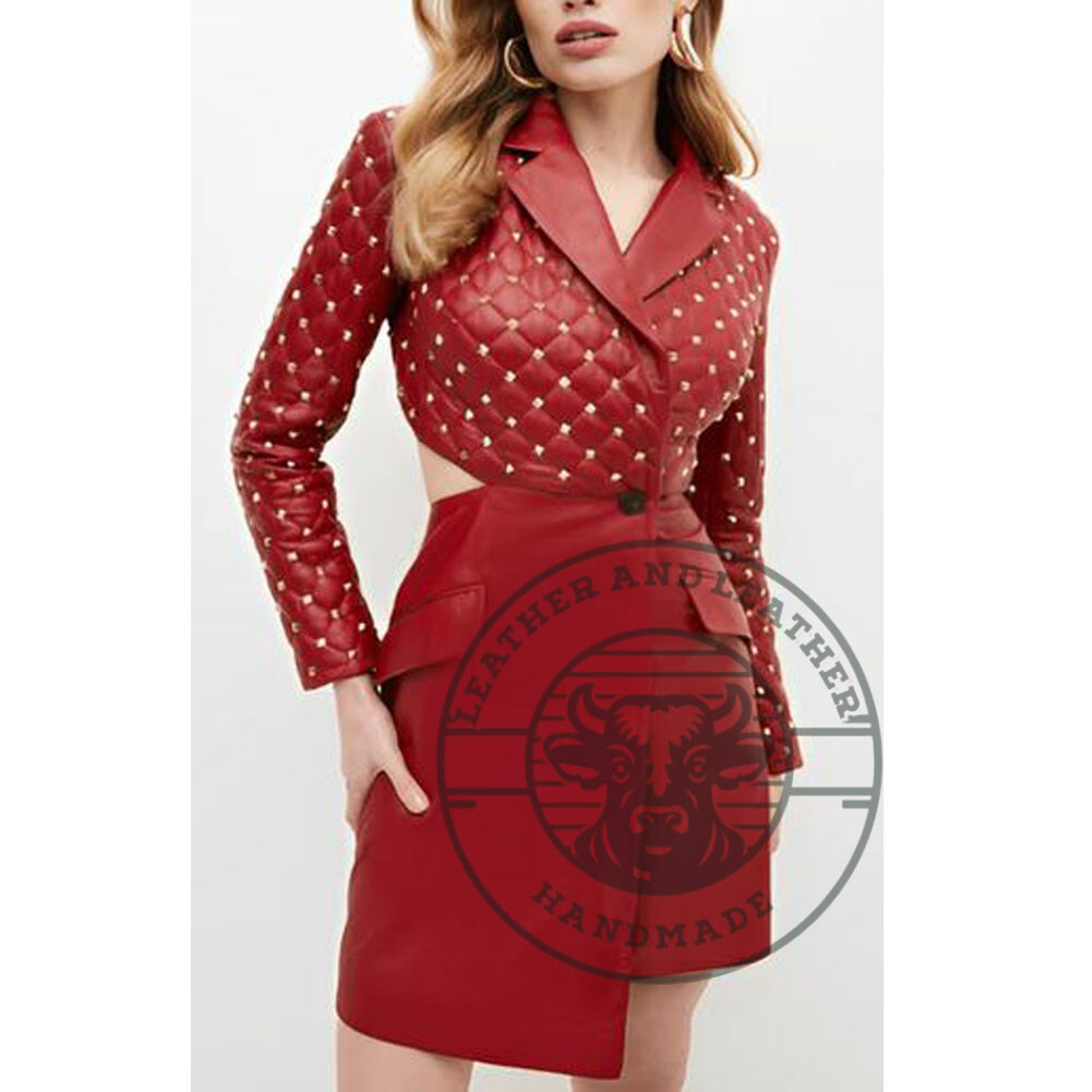 Handmade Red Leather Blazer for Women with Golden Studs Premium Design